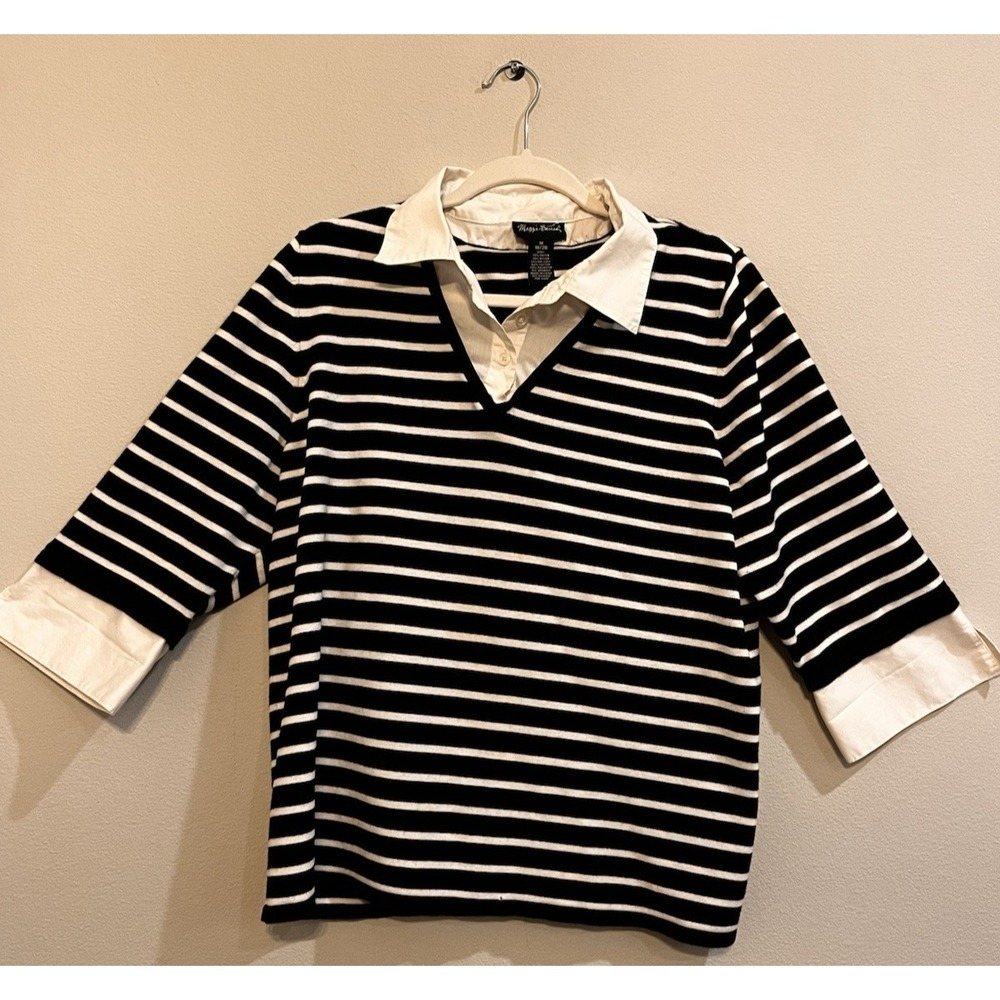 Maggie Barnes Layered Sweater Top Sz 1X 18/20 Black & White 3/4 Sleeve F29